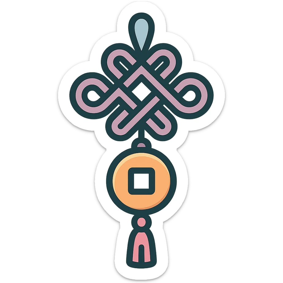Chinese happiness knot with coin, icon-color-outlined style, detailed shadows and highlights, thin clean contours, soft rounded shapes, pastel palette #98B5BC, #B5B3C1, #C9A3C9, #E4C0CA, #F7DCD1, #F7C0AA, modern Japanese pop art and sticker aesthetics, high detail, vector sharpness, soft lighting, transparent background sticker
