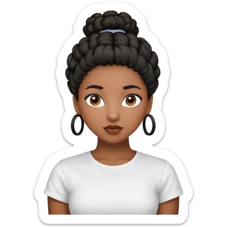 A black girl with a black curly bun and a white t-shirt sticker