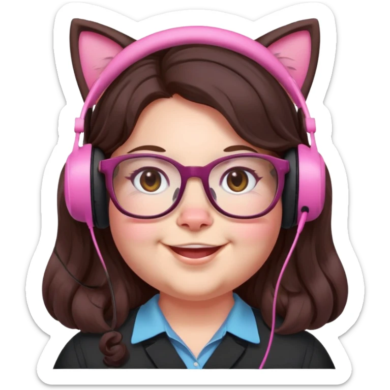 chubby English teacher face, pink cat glasses, long wavy dark brown hair, smiling, subtle gamer headset sticker