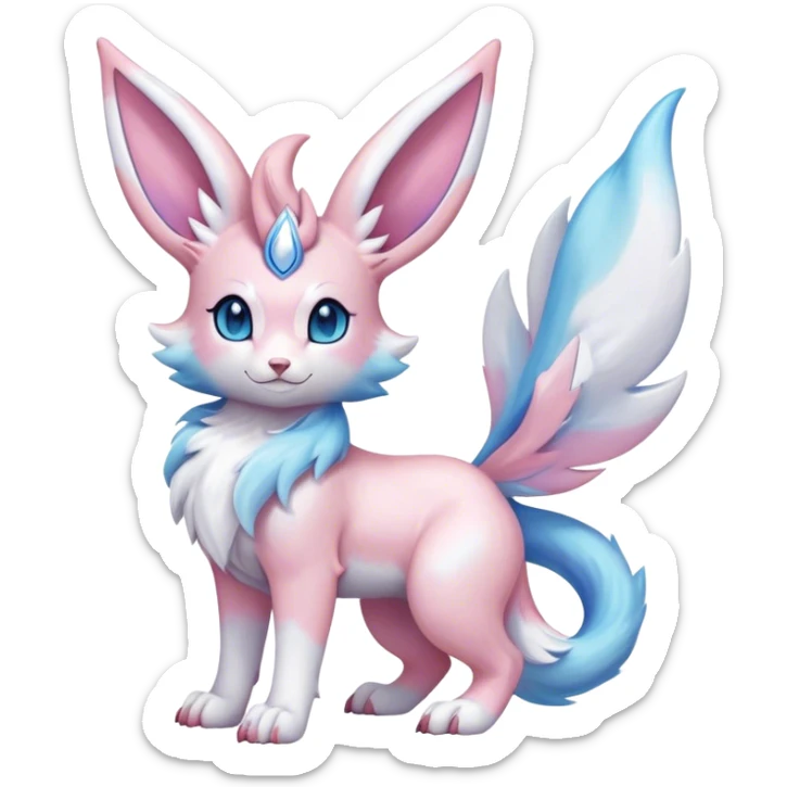 Feral Rare Fantasy cute realistic adorable pastel pink light-blue white iridescent Sylveon-Vernid-Sergal-hybrid by LiLaiRa, markings, tufted ears, full body sticker