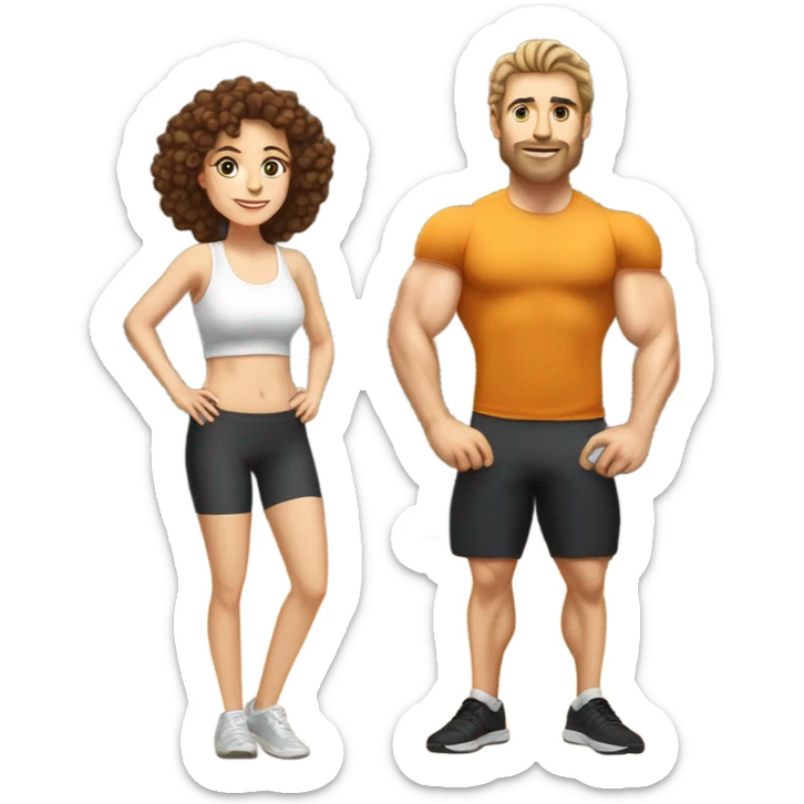 In a gym  husband with white skin and brown hair and wife with white skin and brown curly hair  sticker