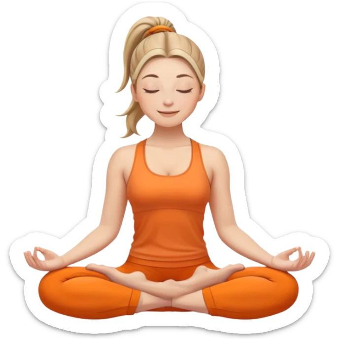 white woman with ponytail hairstyle, sitting in lotus position, eyes closed with a subtle happy smile, wearing orange yoga outfit sticker