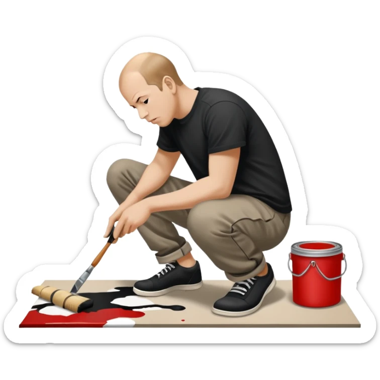Jackson pollock the abstract artist leaning over to flick black white and red paint from a brush onto a canvas at his feet on the ground sticker