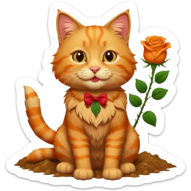 A fluffy, orange tabby cat fuul body, having a rose in it's mouth, and looked like he came from outside. sticker