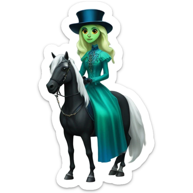 "galora green blonde alien woman" in blue Victorian dress elegant, full body, on black horse sticker