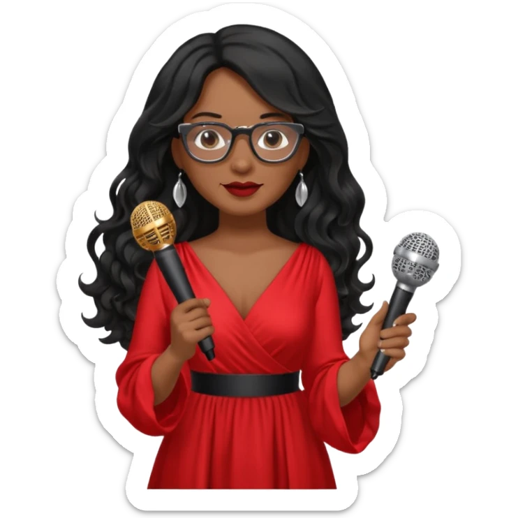 singer, Middle age, long wavy black hair, brown skin, wearing dress, holding mic, glasses sticker