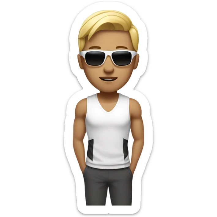 strong asian personal trainer short golden hair with sunglasses white vest sticker