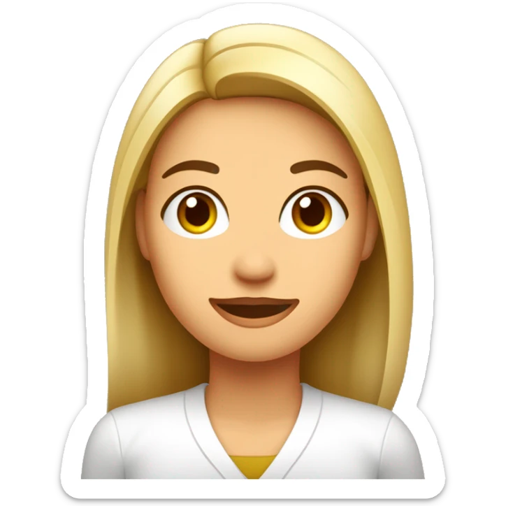 Mujer blanca, farmaceutica, sin lentes, pelo lacio brunete, gabacha con logo de girasol sticker