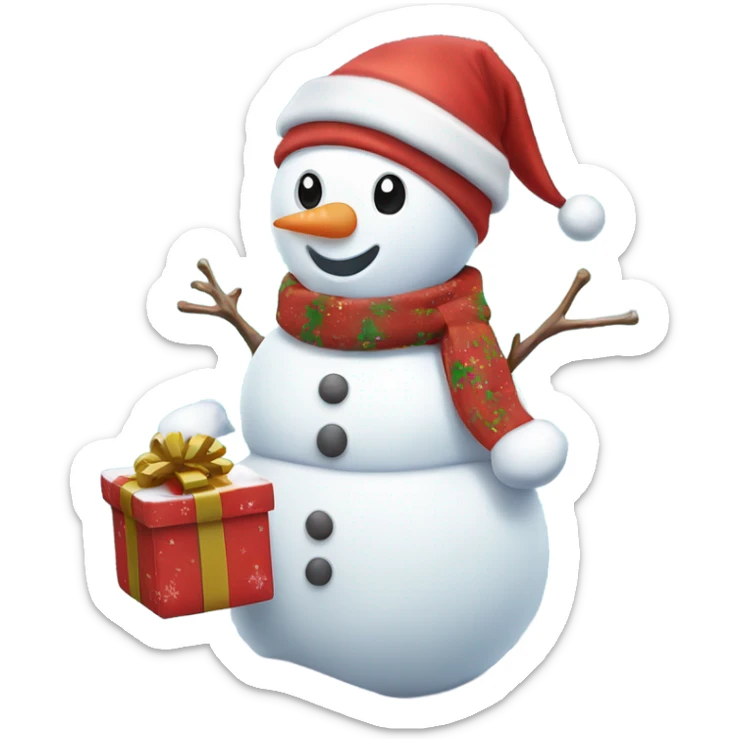 christmas cute snowman carrying a present with snow flakes behind the snowman sticker
