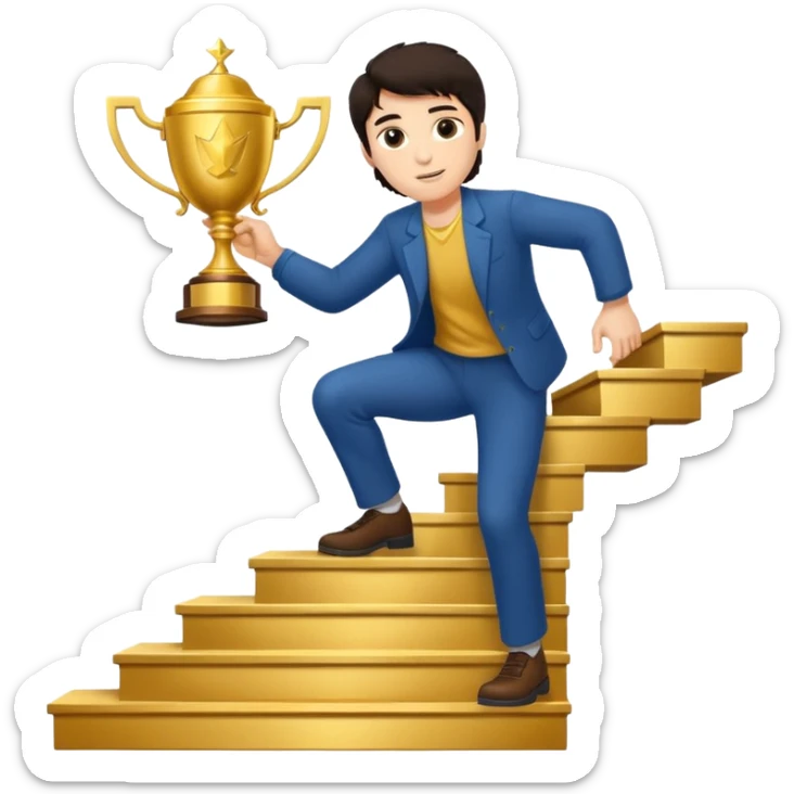 A man with fair skin and dark hair is climbing stairs to grab a trophy on the top step. sticker