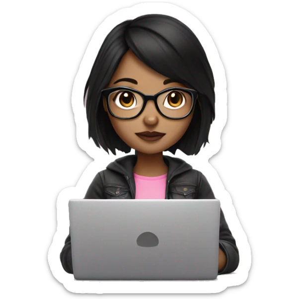 fair skin girl with black hair and eyeglasses using pink laptop cute sticker