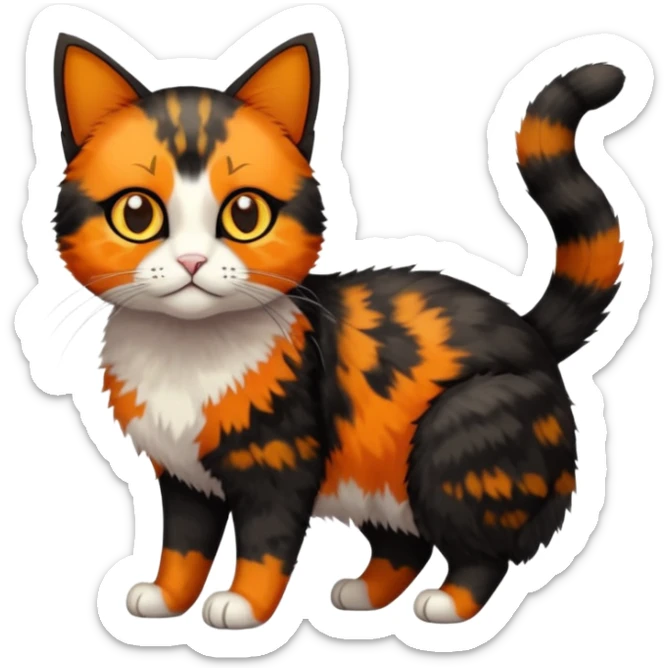 small tortoiseshell cat. only black and and orange. amber eyes. full body. no white fur! sticker