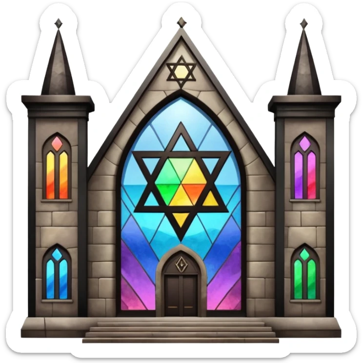 jewish synagogue temple in dark goth aesthetic style with black building and rainbow tint glass windows and star of david sticker
