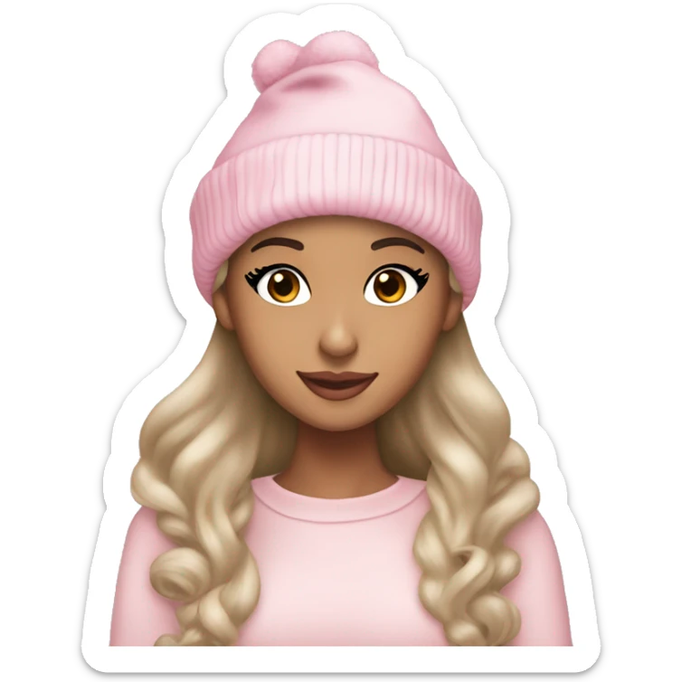 Ariana grande in a light pink christmas outfit wearing a light pink christmas hat sticker