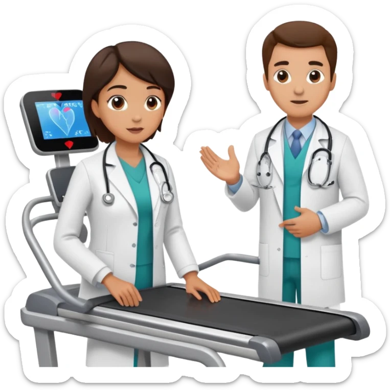 patient on a treadmill with a heart monitor, and a doctor standing nearby supervising, not running sticker