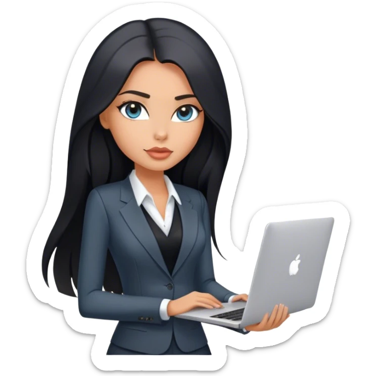 Glamours tanned very beautiful girl with pump peach nude lips and black straight smooth long hair, blue-grey eyes in beautiful v-neck black vest from the suit (short sleeves) no blazer and no anything under the vest, only vest with MacBook sticker