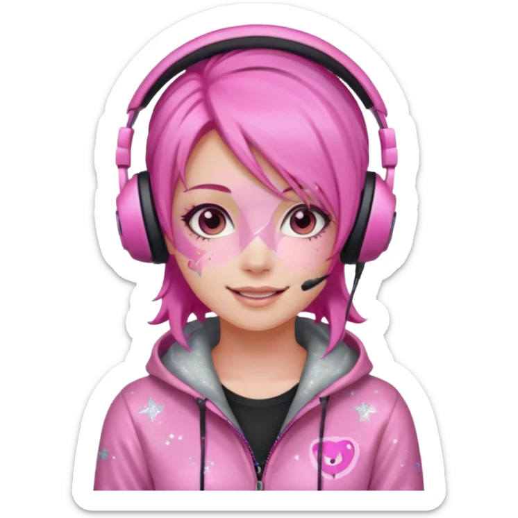glitter pink gamer girl happy pink hair sticker