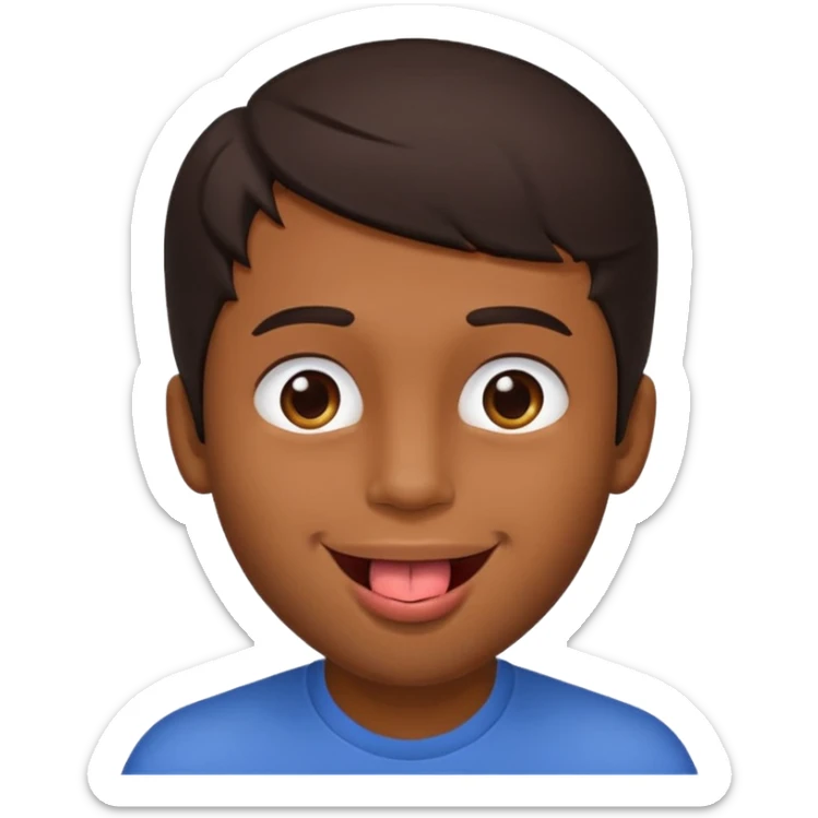 A brown skin guy with dark hair that is his covering forehead, his head is tilted back a bit and his tongue is out sticker