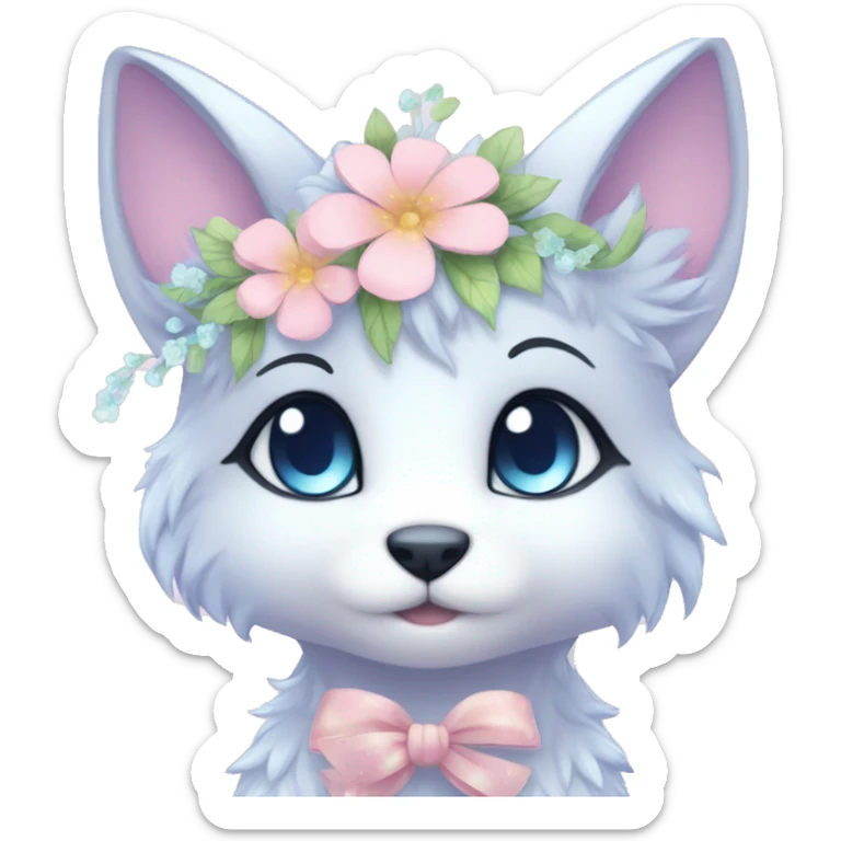 Anthro Cute Cool Blushing Pastel Innocent Shy Kawaii gorgeous sparkly ethereal fantasy animal creature with blue eyes furry sona with flowers and ribbons beautiful aesthetic sticker