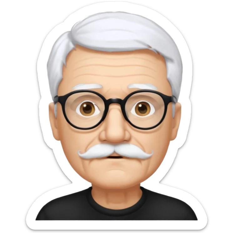 An elderly man with white hair and mustache, wearing black glasses and looking straight ahead with a gentle expression. sticker