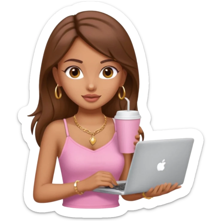 a pretty fair indian bratz girl with brown hair. with a pink cami top, drinking takeaway brown coffee, golden dainty necklace and carrying a white laptop sticker