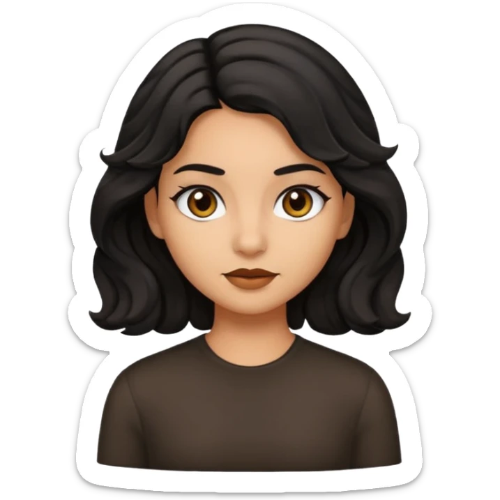 a girl with olive skin, black wavy hair by her shoulders, and dark brown eyes, in a modern emoji style sticker