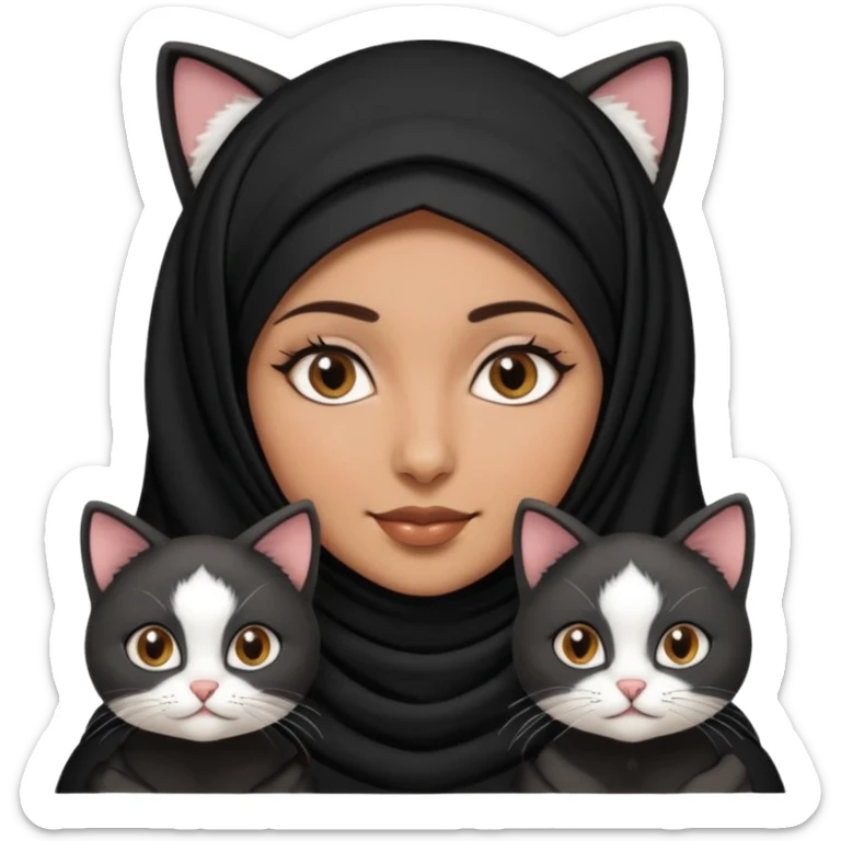 A Arabic woman human with brown eyes and black hijab. , the human is a human no cat ears, two cats, the both cats have the colour black and white in the same colour,   sticker