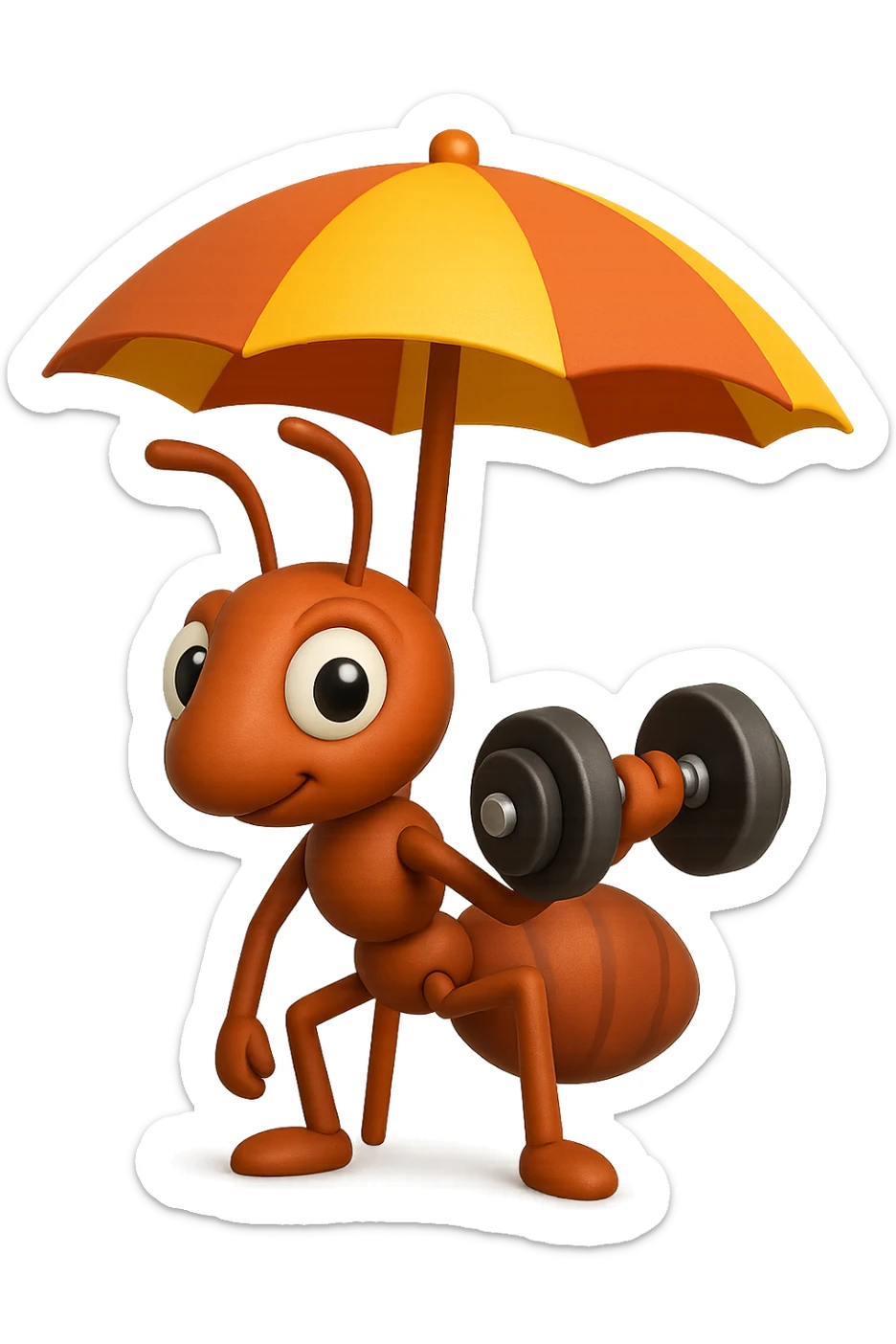 EMOJI STILE IPHONE 3D DI una formica che si allena sotto l'ombrellone in spiaggia con un manubrio da palestra in mano, fagli anche la parte bianca degli occhi, non solo la pupilla sticker