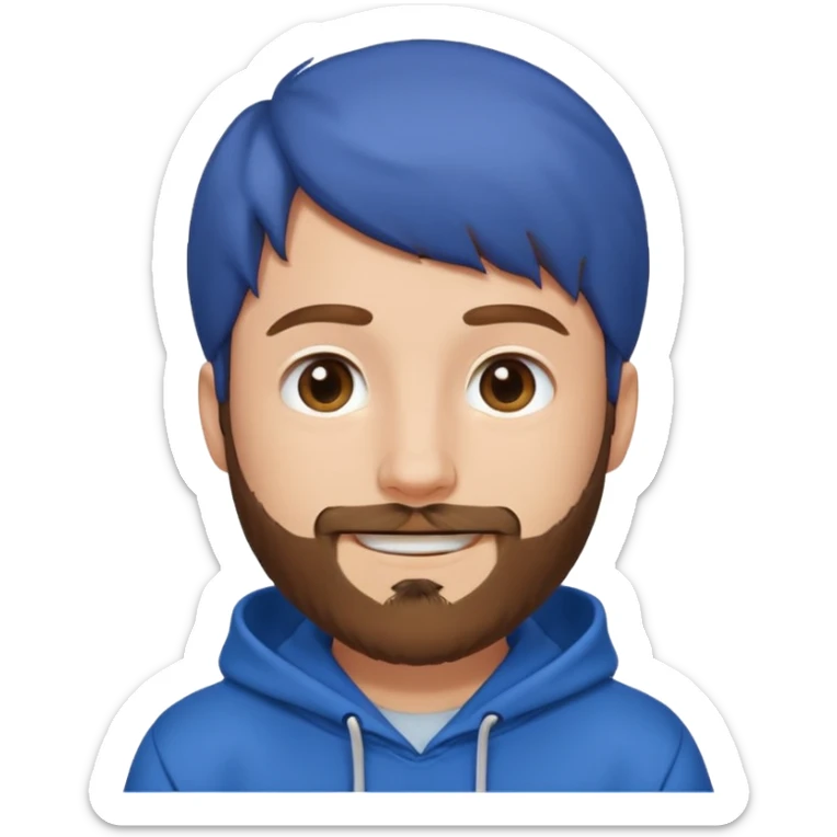 cartoon emoji of MrBeast, blue hoodie, friendly smile, short brown hair, beard sticker