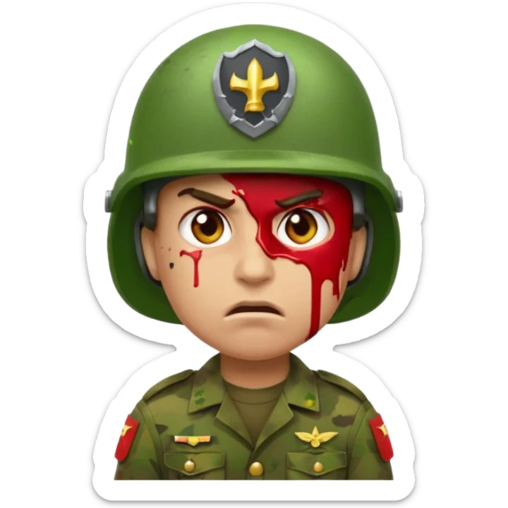 scowling soldier emoji with red skin tone, blood splatter on left cheek, wearing green helmet and military uniform, facing slightly left, 2d apple emoji style sticker
