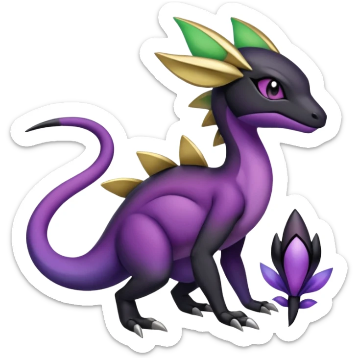 purple-black-gold-gradients Meloetta-Larvitar-Axew-Salandit-Pokémon-Fakémon-creature-hybrid-fusion sticker
