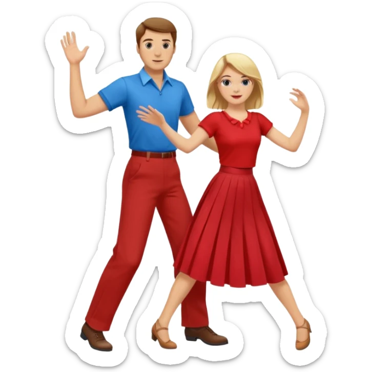 Two people. Man in red shirt and  red pants with brown hair. Women in blue shirt and long skirt with blond hair. Swing Dancing sticker