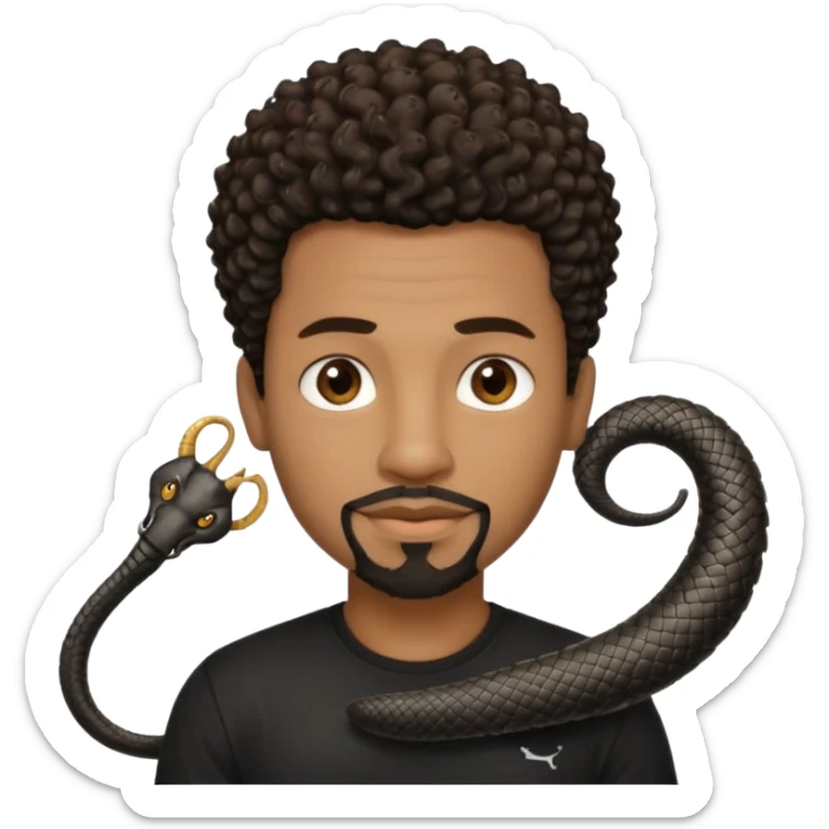 Homme noir, yeux marron avec un bouc sans la moustache, cheveux noir court et bouclé crépus avec un dégradé sur le côté, avec un cobra à côté , t-shirt noir  sticker