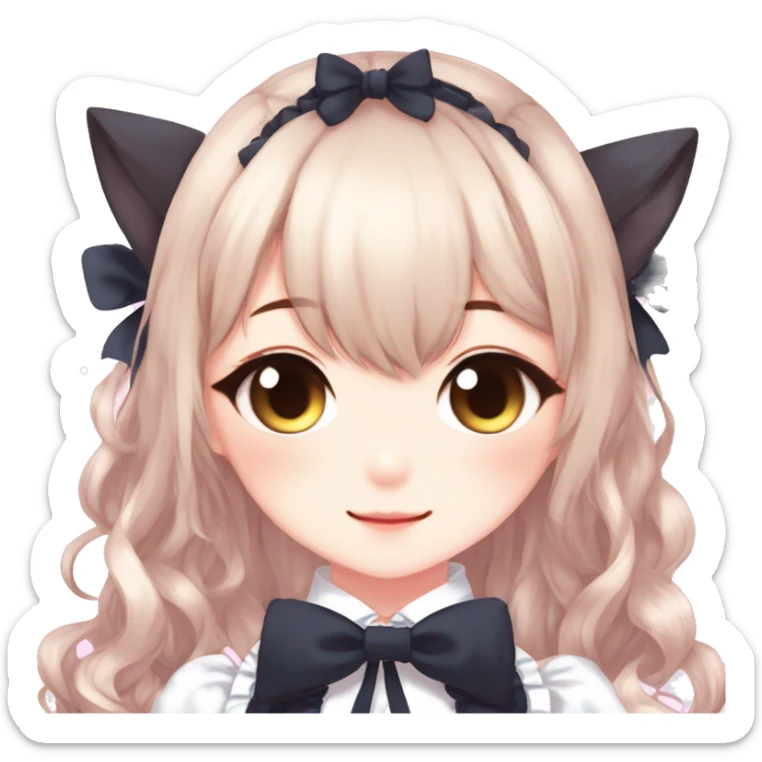 Gorgeous anime style catgirl with blushing face with maid outfit bow tie idol model kawaiicore pearly petite simplistic aesthetic trending style sticker