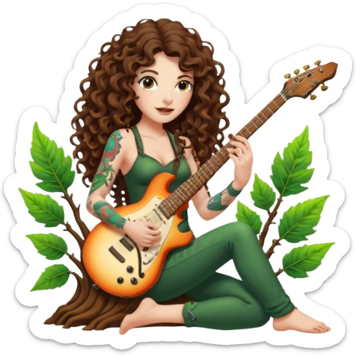 woman with long curly brown hair, brown eyes, white skin, tattoos, playing a root-shaped electric guitar that grows leaves from the strings, psychedelic glow, forest stage aura sticker