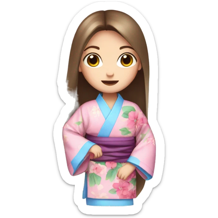 cute girl long brown straight hair and blue eyes in pink flower kimono sticker