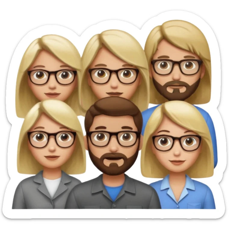 A man with hair and glasses a woman with long brown hair a man with a beard and a woman with a blonde bob sticker