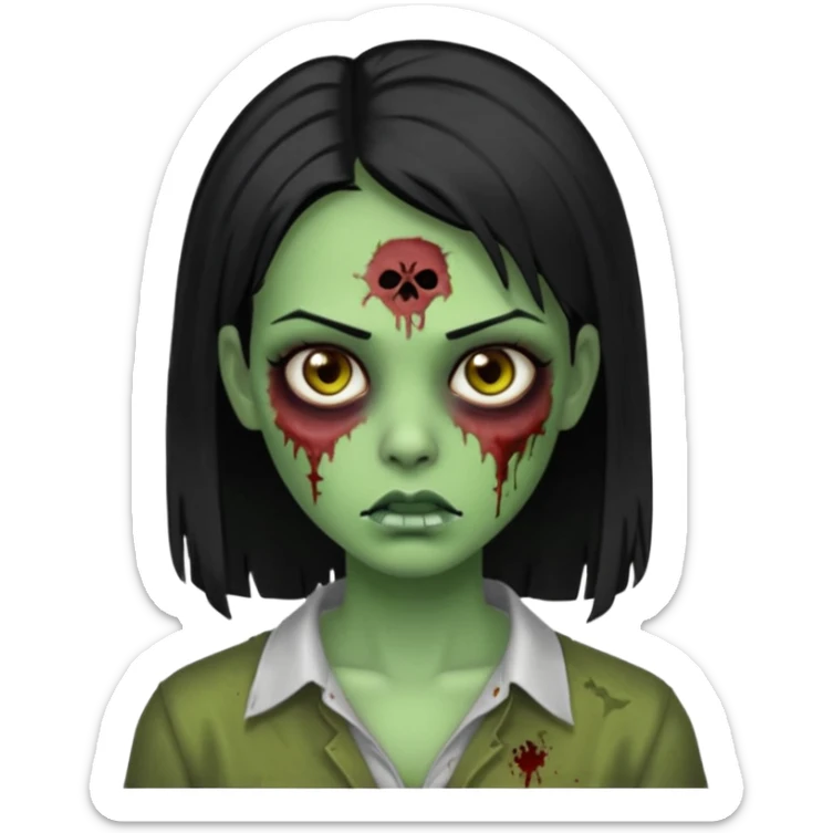 Faça uma zombie mulher bonita verde com olhos castanhos cabelos pretos partido ao meio liso com estilo de y2k baddie sticker