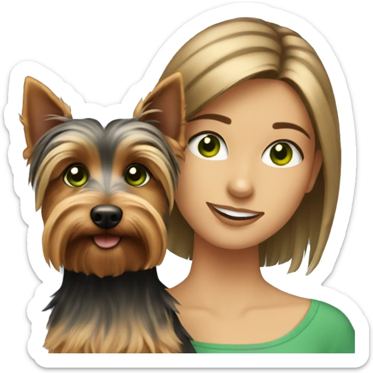 Girl with brown hair and green eyes is holding a silky terrier dog  sticker
