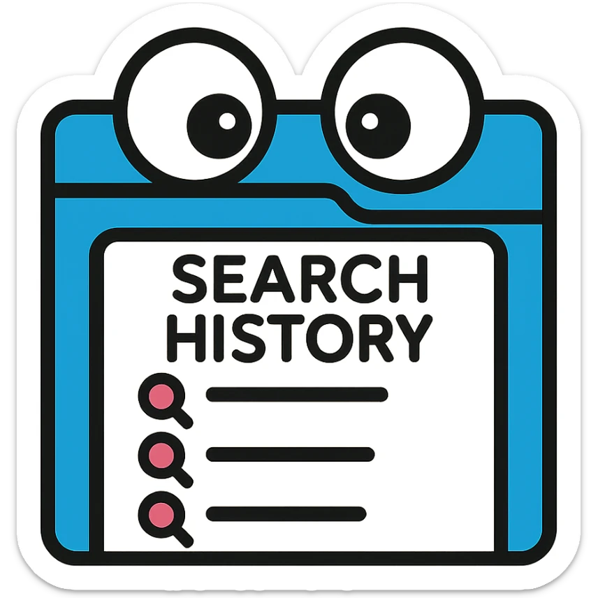 funny icon of a browser window with shocked eyes peeking over a search history list sticker