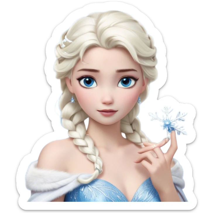 Cinematic Realistic Elsa Portrait, depicted with lifelike skin texture, soft natural lighting, and intricately detailed platinum blonde hair styled elegantly. Her striking, expressive blue eyes exude confidence and grace, complemented by a serene and regal expression. She holds a shimmering snowflake delicately in one hand, her other hand resting against her gown, embodying the power and beauty of winter. She is dressed in her signature icy attire, with shimmering fabric textures and delicate folds that catch the light beautifully. The portrait features a soft, enchanting glow with a cool, radiant finish, capturing the essence of timeless elegance in a realistic and painterly style. sticker
