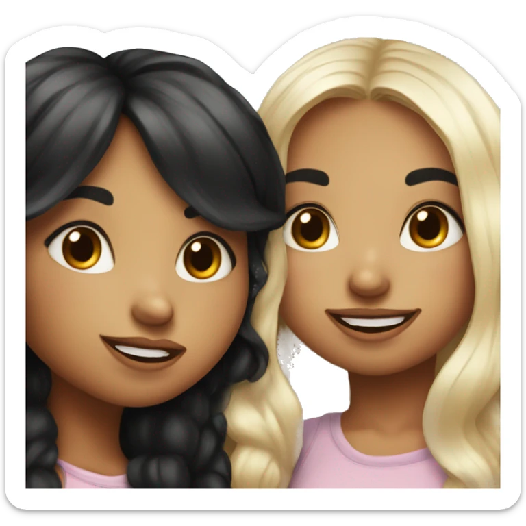 two cute cartoon style girls kissing on the lips, both girls have long black hair. One of the girls has freckles. sticker