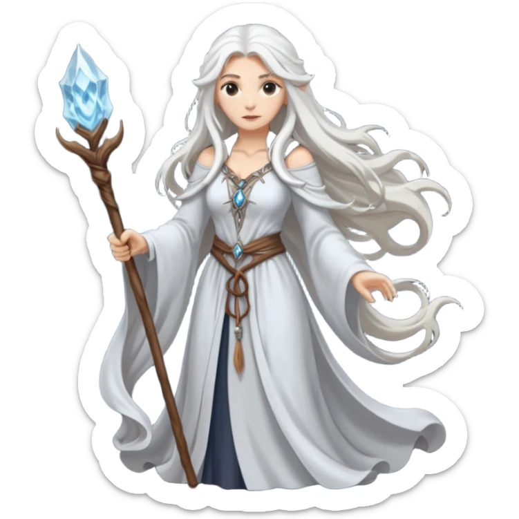 White silver Long Haired Women, Sorceress with staff — flowing white hair, calm face. sticker
