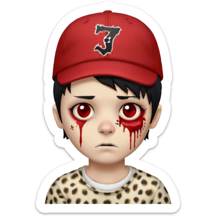 Zombie Boy with black hair and a little blood on his face and sleepy eyes and a cap that has the phrase #jimmy written on it , and a shirt with cheetah texture emoji emo sticker