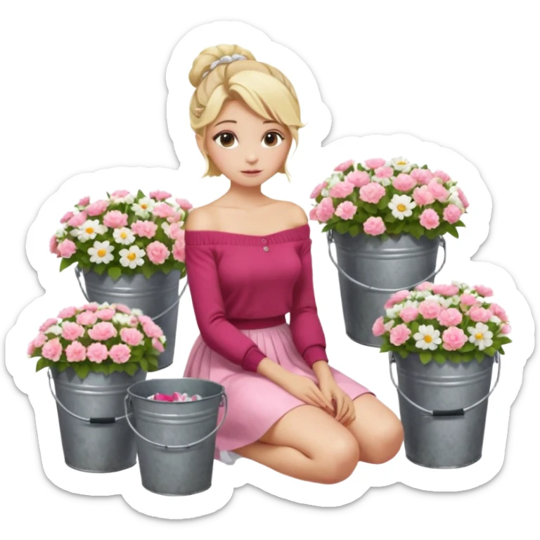 a blond girl  sitting  near various bouquets of flowers in metal buckets a white and pink flowers , Her hairstyle is slightly messy updo. She wears a red off-shoulder cardigan and a white long skirt. Her leg is extended forward toward the camera, appearing long and graceful. sticker