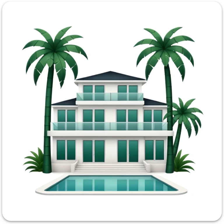 white modern villa with dark green palm trees around, minimalism, no emojis or faces, white background sticker