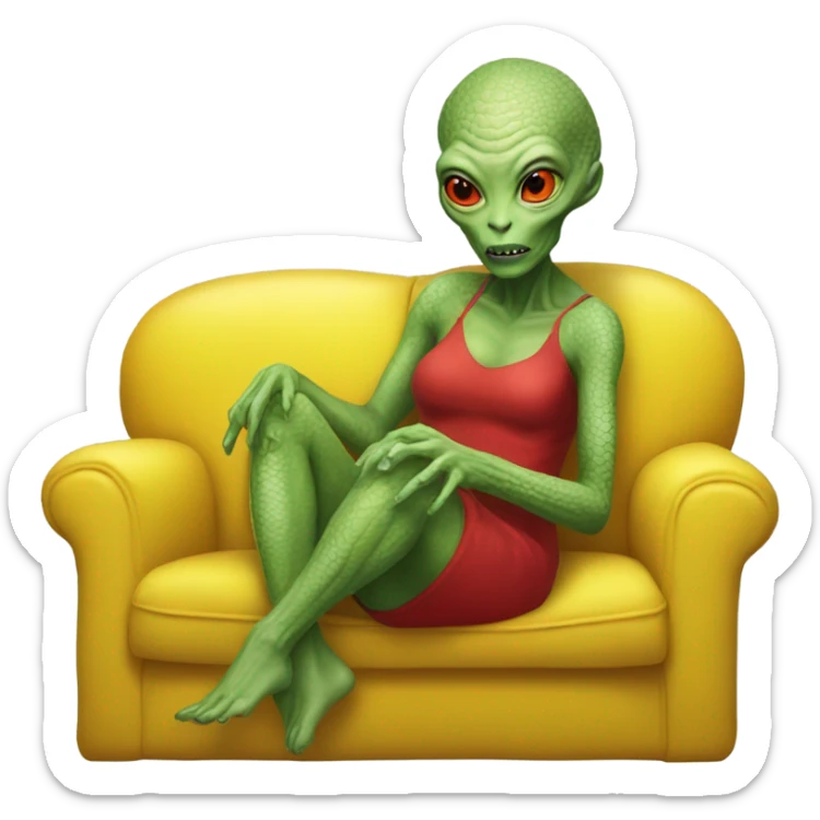 reptilian alien woman in red dress, sitting on a jellow couch  sticker