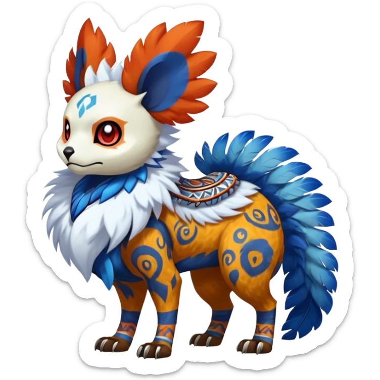 Furry cute colorful exotic tribal feral anime-styled Fakémon-Pokémon-animal-creature with a white skull-face, and blue feathers around neck, with long furry ears, long furry tail, 4 legs, (full body), with intricate pattern-markings sticker