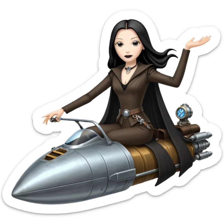 Jedi teen Morticia Addams flying a chrome accented Jumpspeeder anti-gravity repulsorlift powered by an imperial speeder steampunk  sticker