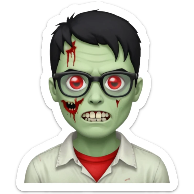 homem zumbi de óculos cabelo preto com muita olheira deixar pele dele verde dentes brancos e olhos vermelhos e ensanguentados deixar óculos quadrado e preto e olhos cheio de veias vermelhas e encher o rosto de piercings sticker